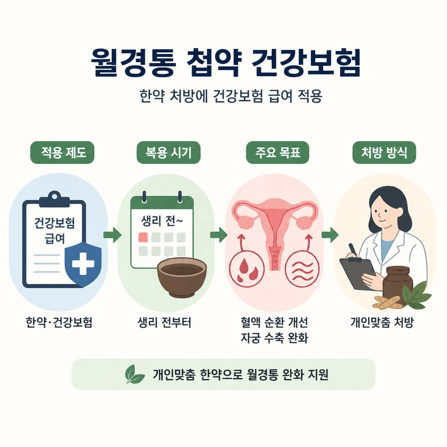 월경통 첩약 건강보험 안내. 한약 처방에 건강보험 급여가 적용되며, 생리 전부터 복용하고, 혈액 순환 개선과 자궁 수축 완화를 목표로 개인맞춤으로 처방한다는 내용